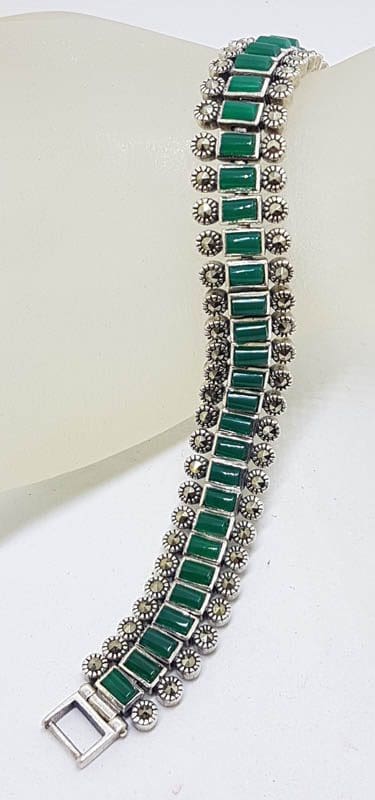 Sterling Silver Marcasite with Green Onyx / Agate Wide and Heavy Bracelet