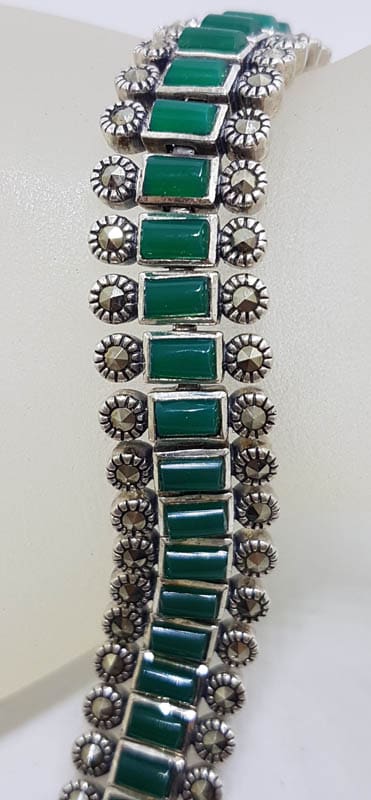 Sterling Silver Marcasite with Green Onyx / Agate Wide and Heavy Bracelet