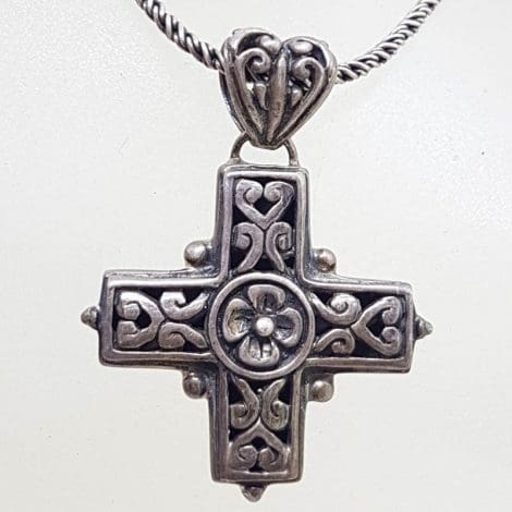 Sterling Silver Ornate Floral Design Cross / Crucifix Pendant on Silver Chain - Vintage