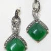 Sterling Silver Green Onyx with Marcasite Art Deco Style Drop Earrings
