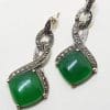 Sterling Silver Green Onyx with Marcasite Art Deco Style Drop Earrings