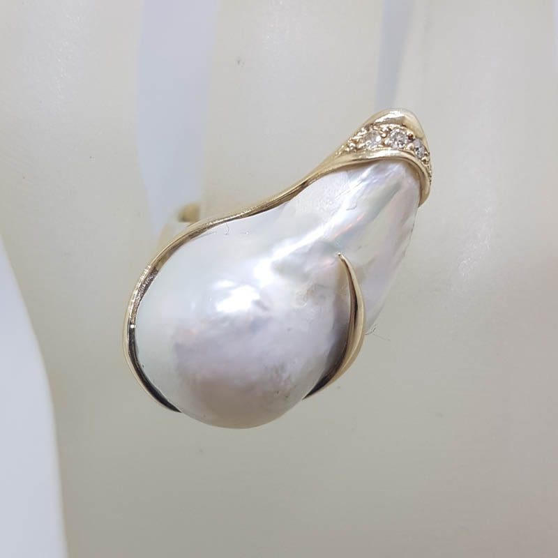 20210617_151929 14ct Yellow Gold Large Baroque Pearl & Diamond Ring - Handmade