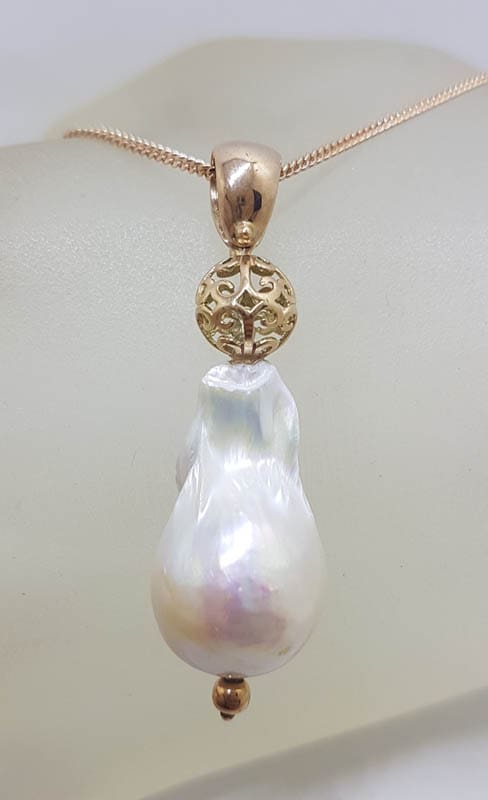 9ct Rose Gold Large Baroque Pearl Pendant on 9ct Gold Chain