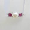 18ct White Gold & Platinum Pearl & Natural Ruby Ring - Antique / Vintage