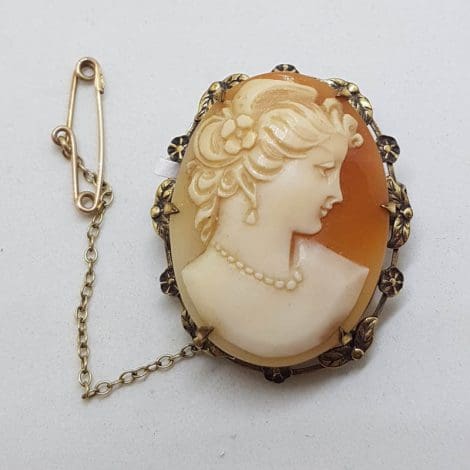 Sterling Silver and Plated Ornate Shell Cameo of Ladies Head in Ornate Floral Brooch Setting - Vintage / Antique