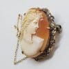 Sterling Silver and Plated Ornate Shell Cameo of Ladies Head in Ornate Floral Brooch Setting - Vintage / Antique