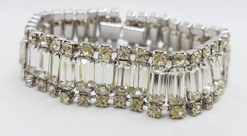 20210617_153203 Plated Rhinestone Baguette and Round Wide Bracelet - Vintage Costume Jewellery