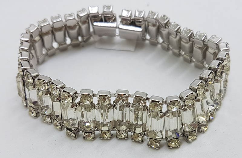 20210617_153220 Plated Rhinestone Baguette and Round Wide Bracelet - Vintage Costume Jewellery