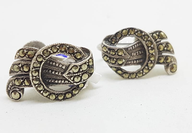 20210617_153420 Sterling Silver Marcasite Screw-On Earrings - Antique / Vintage