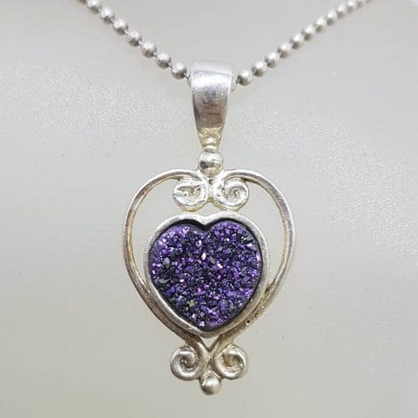 Sterling Silver Blue Druzy Heart Pendant on Silver Chain