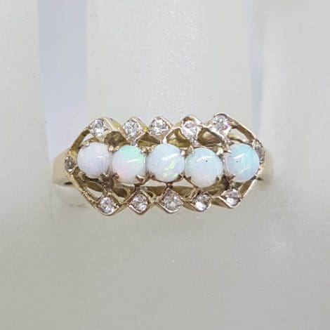 9ct Yellow Gold Solid Opal with Cubic Zirconia Ring - Antique / Vintage
