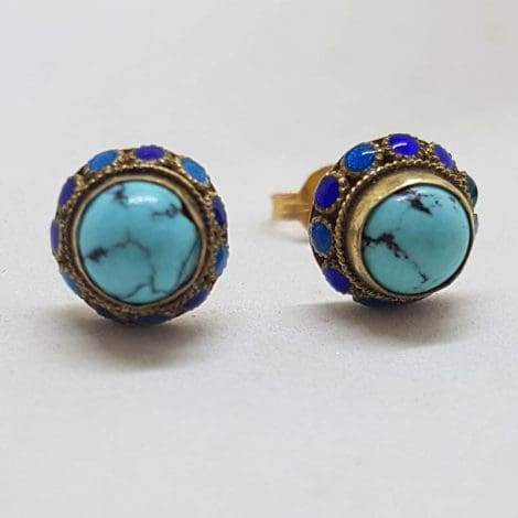14ct Yellow Gold Natural Turquoise Ornate Round Stud Earrings with Enamel Design Along the Side