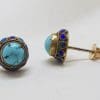 14ct Yellow Gold Natural Turquoise Ornate Round Stud Earrings with Enamel Design Along the Side