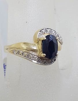 9ct Yellow Gold Natural Oval Sapphire with Diamonds Swirl Ring
