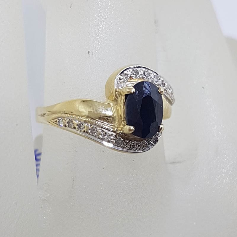 9ct Yellow Gold Natural Oval Sapphire with Diamonds Swirl Ring