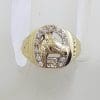 9ct Yellow Gold Horse Head in Horsehoe with Diamonds Ring - Gents Ring / Ladies Ring