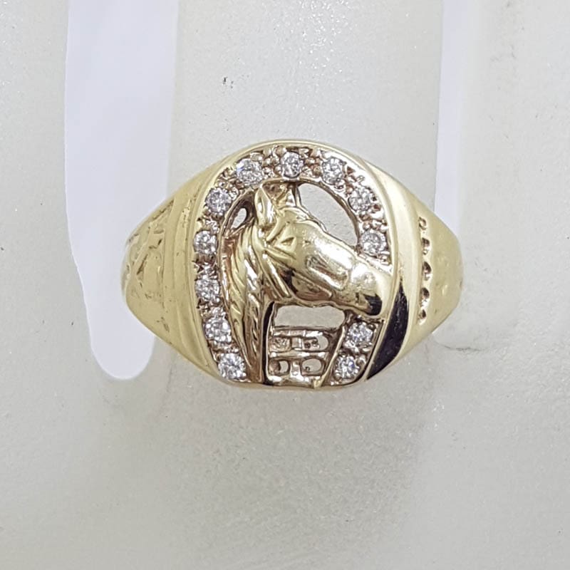 20210618_195536 9ct Yellow Gold Horse Head in Horsehoe with Diamonds Ring - Gents Ring / Ladies Ring
