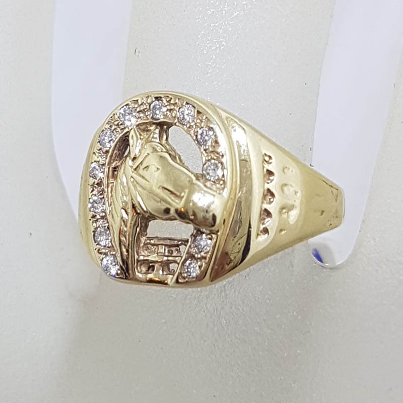 20210618_195609 9ct Yellow Gold Horse Head in Horsehoe with Diamonds Ring - Gents Ring / Ladies Ring
