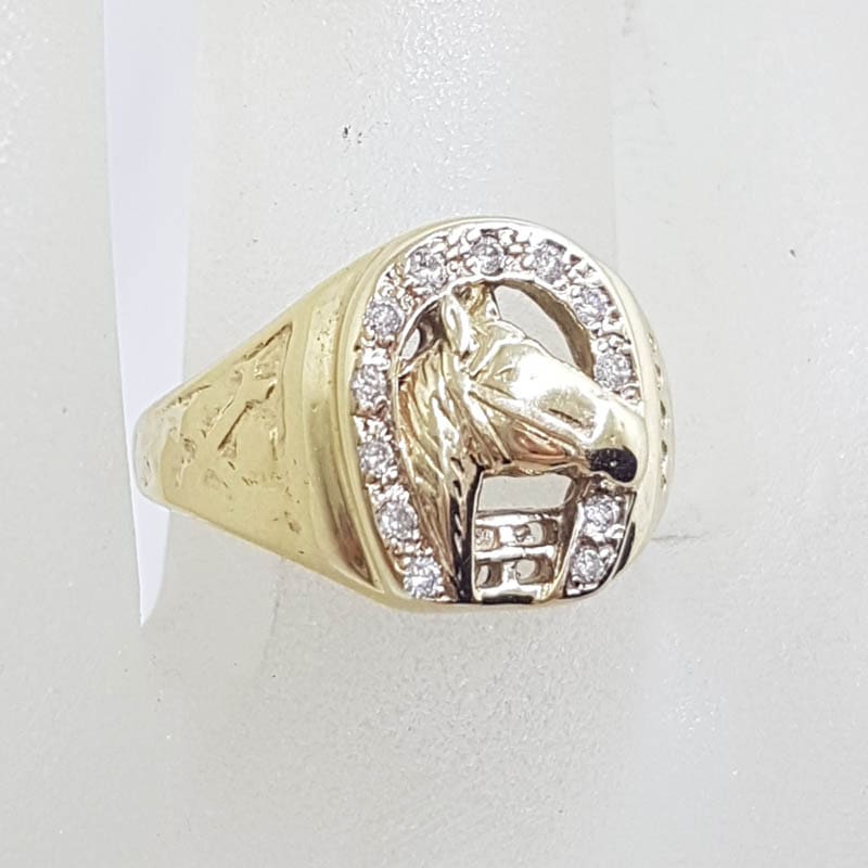 20210618_195625 9ct Yellow Gold Horse Head in Horsehoe with Diamonds Ring - Gents Ring / Ladies Ring