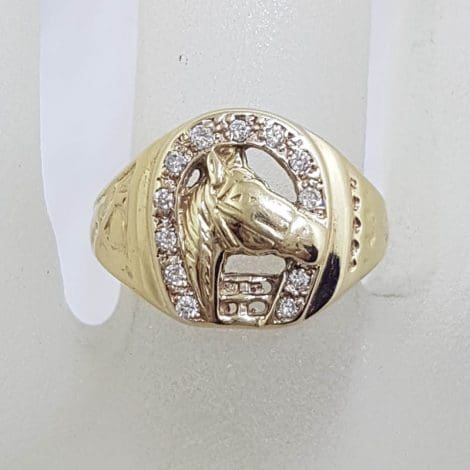 9ct Yellow Gold Horse Head in Horsehoe with Diamonds Ring - Gents Ring / Ladies Ring