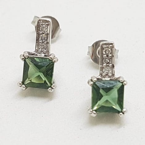 10ct White Gold Square Green with Diamond Stud Earrings