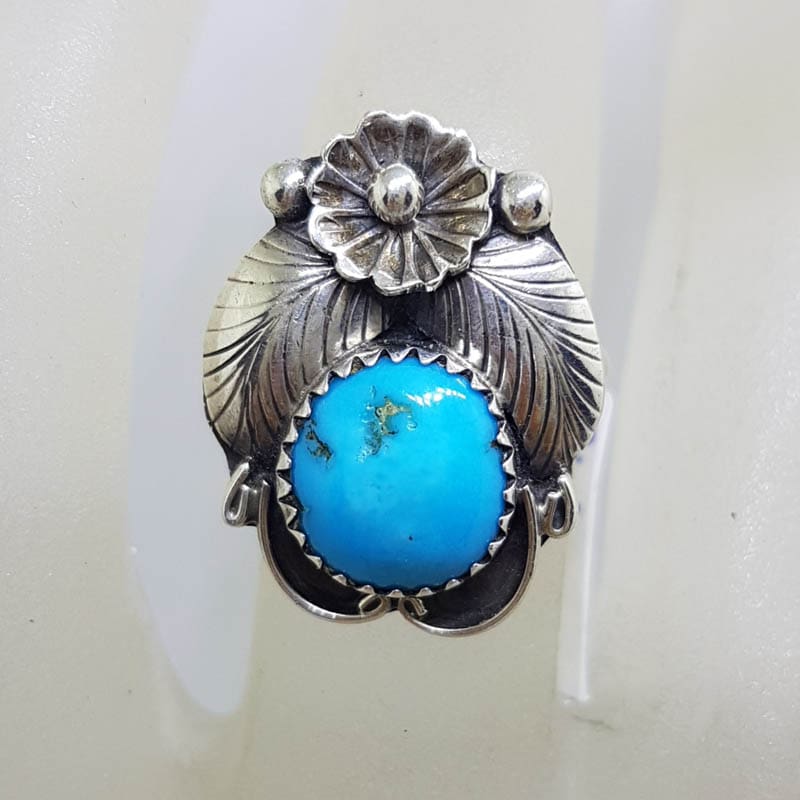 20210618_195944 Sterling Silver Natural Turquoise (Native American) Floral Design Ring