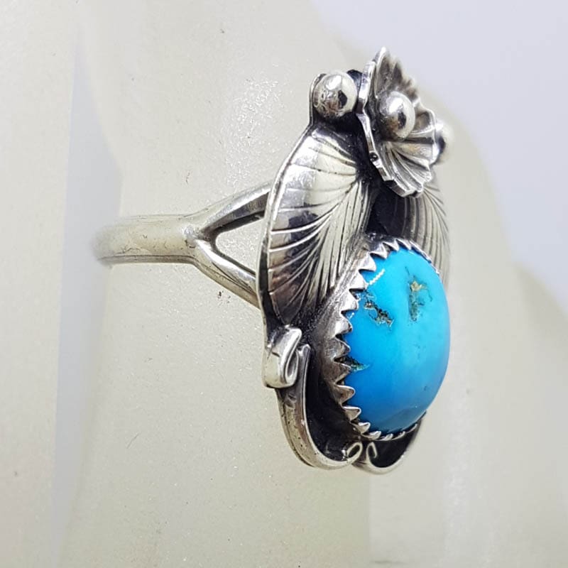 20210618_200003 Sterling Silver Natural Turquoise (Native American) Floral Design Ring