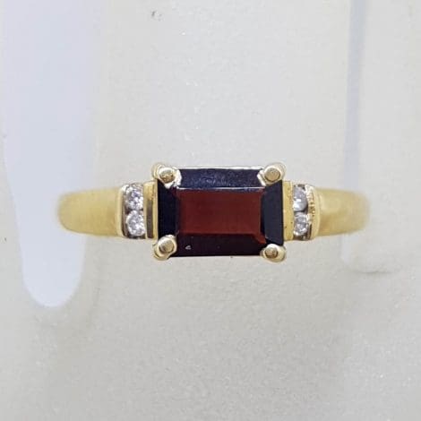 9ct Yellow Gold Claw Set Rectangular Garnet with Channel Set Diamond Ring