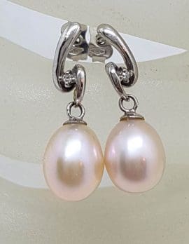 9ct White Gold Pearl with Diamond Twist Drop Earrings