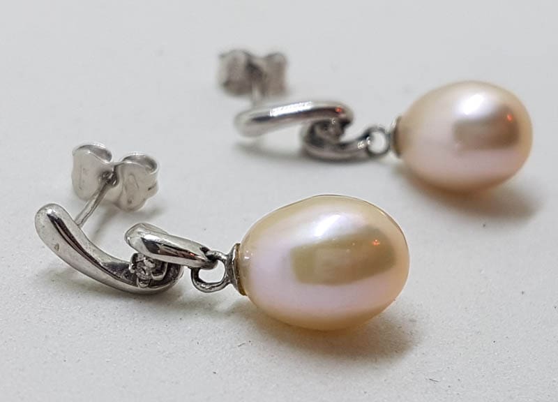 20210618_201121 9ct White Gold Pearl with Diamond Twist Drop Earrings