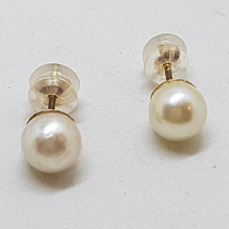9ct Yellow Gold Cultured Pearl Stud Earrings - Antique / Vintage