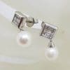 9ct White Gold Pearl with Square Diamond Cluster Drop Earrings - Stud