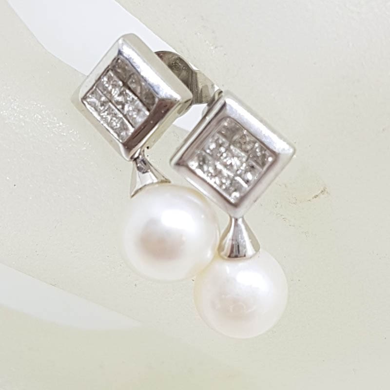 9ct White Gold Pearl with Square Diamond Cluster Drop Earrings - Stud
