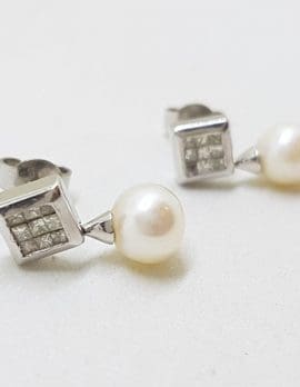 9ct White Gold Pearl with Square Diamond Cluster Drop Earrings - Stud