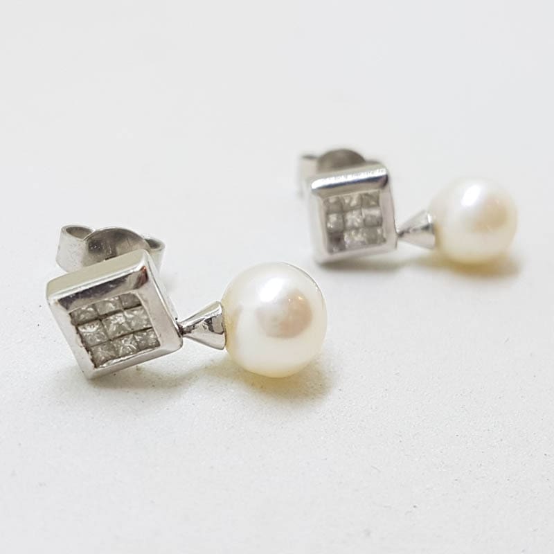 9ct White Gold Pearl with Square Diamond Cluster Drop Earrings - Stud