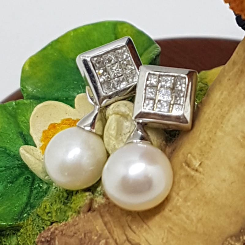 9ct White Gold Pearl with Square Diamond Cluster Drop Earrings - Stud