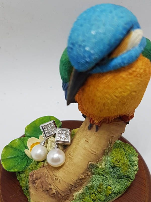 9ct White Gold Pearl with Square Diamond Cluster Drop Earrings - Stud