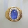 9ct Yellow Gold Very Large Octagonal Setting with Oval Cabochon Cut Natural Sapphire Surrounded by Diamond Cluster Gents Ring / Ladies Ring