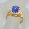 9ct Yellow Gold Very Large Octagonal Setting with Oval Cabochon Cut Natural Sapphire Surrounded by Diamond Cluster Gents Ring / Ladies Ring