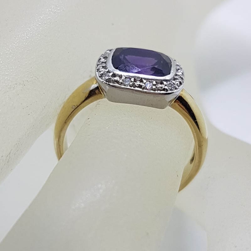 9ct Yellow Gold Square Amethyst with Diamond Surround Cluster Ring