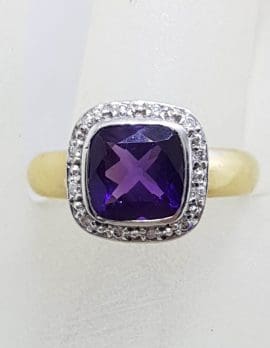 9ct Yellow Gold Square Amethyst with Diamond Surround Cluster Ring