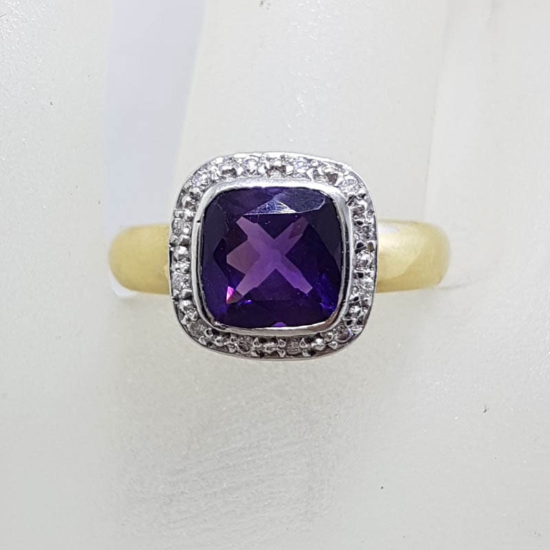 9ct Yellow Gold Square Amethyst with Diamond Surround Cluster Ring