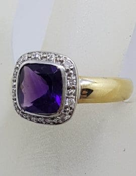9ct Yellow Gold Square Amethyst with Diamond Surround Cluster Ring