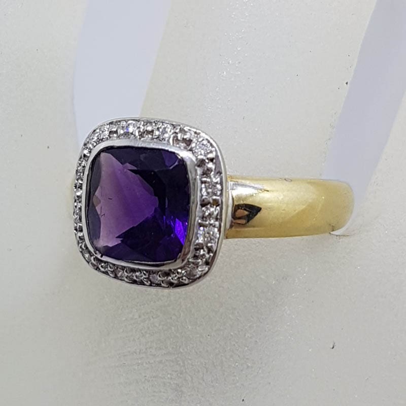 9ct Yellow Gold Square Amethyst with Diamond Surround Cluster Ring