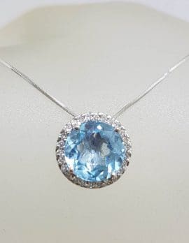 9ct White Gold Oval Blue Topaz with Halo Setting Diamonds Pendant on Gold Chain