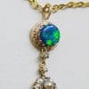 15ct Yellow Gold Round Opal with Seedpearl and Diamond Drop Pendant on 9ct Gold Chain - Antique / Vintage