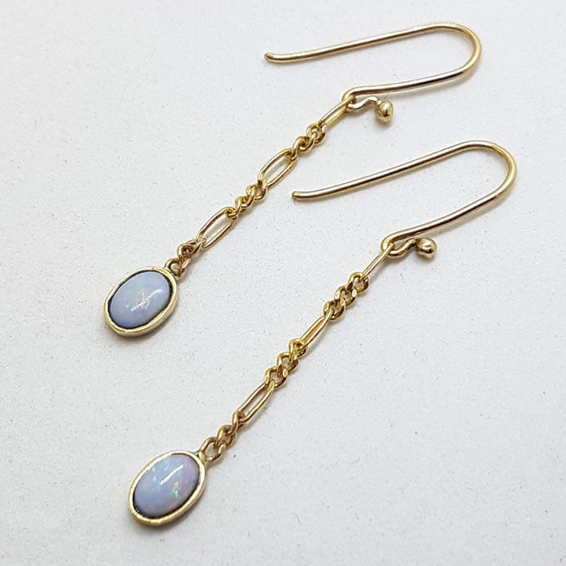 9ct Yellow Gold Oval Opal on Figaro Link Chain Long Drop Earrings - Handmade
