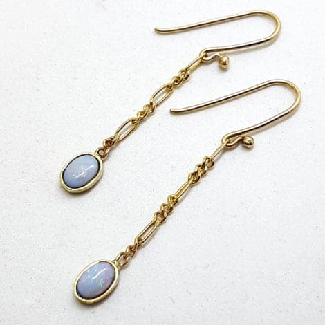 9ct Yellow Gold Oval Opal on Figaro Link Chain Long Drop Earrings - Handmade