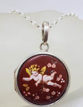 Sterling Silver Ornate Enamel Cupid / Angel / Cherub with Embossed Tree of Life Large Round Locket Pendant on Sterling Silver Chain