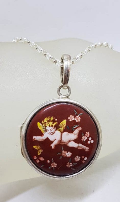 Sterling Silver Ornate Enamel Cupid / Angel / Cherub with Embossed Tree of Life Large Round Locket Pendant on Sterling Silver Chain